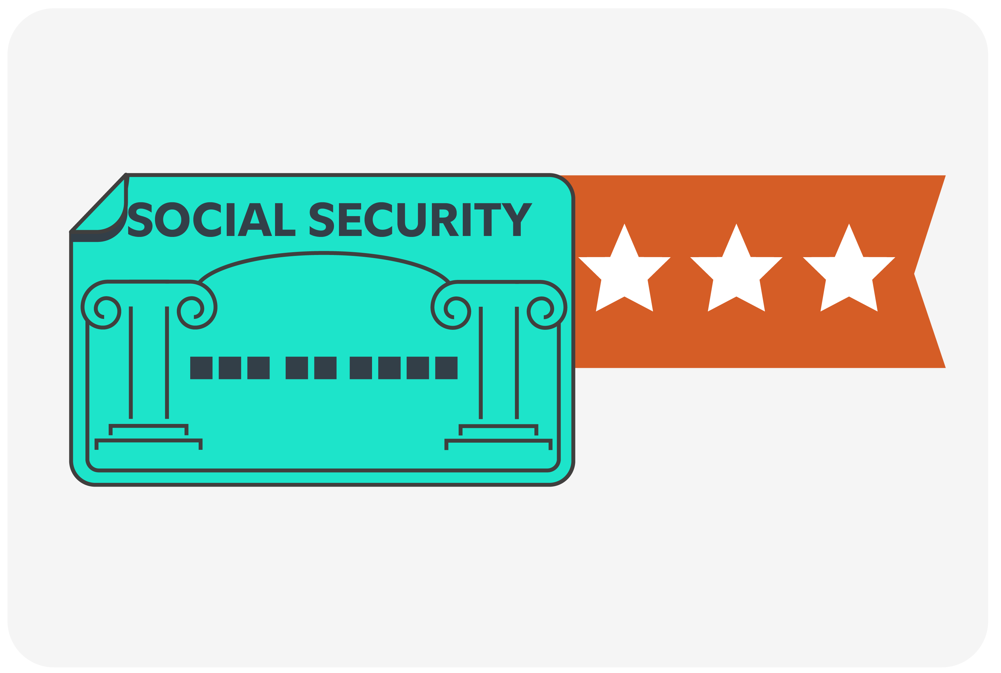 Illustration of a Social Security card with classical columns and a banner showing three stars, representing Social Security benefits.